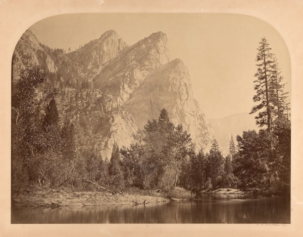 Carleton E. Watkins: Three Brothers, Yosemite. Albumen print from wet plate negative, 15-11/16 x 20-5/16 in. (400 x 517 mm), 1865c/1865c, on original mount. Ref. No. 16687